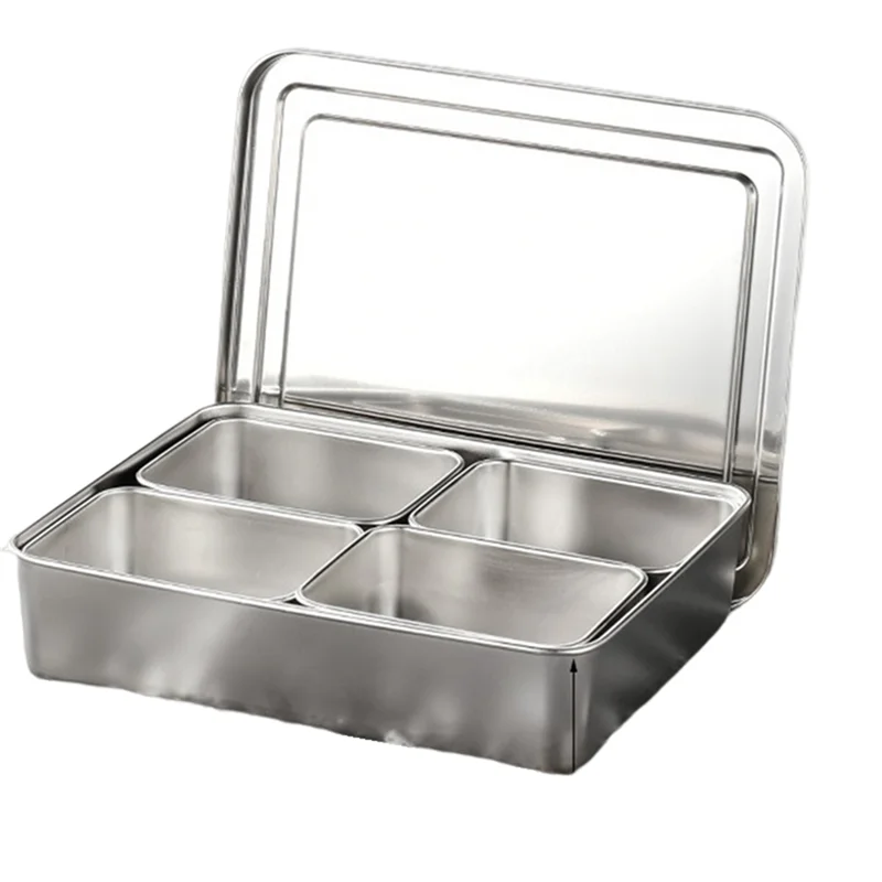 4 Grids Stainless Steel Seasoning Box with Lid Rectangle Hotel Household Spice Organizer Multifunction Kitchen Gadget