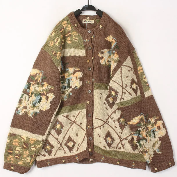 

Sweet Ethnic Style Vintage Knitted Wool Sweater Coat Hook Flower Design Oversized Loose Fit Long Sleeve Plant Floral Pattern