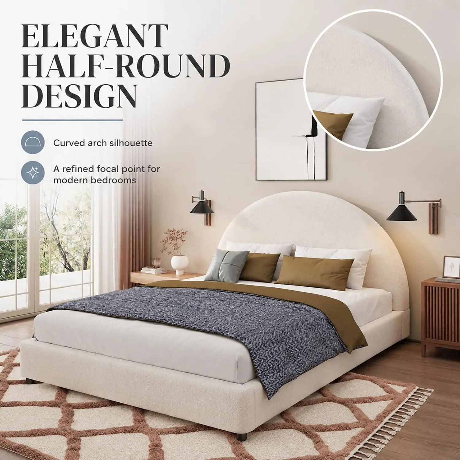 Queen Size Upholstered Platform Bed Frame Boucle Fabric Bedroom Furniture, Customized - view 3
