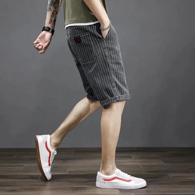 Men\'s Short Jeans Pants Long Big Size Stretch Male Denim Shorts Drawstring Half Bermuda Stripe Oversize With Vintage Blue