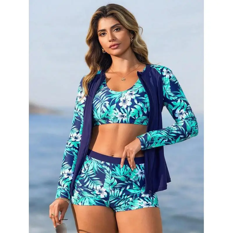 JEWELRY SEN Women 3‑Piece Rash Guard Swimsuit Tropical Floral Print Long Sleeve Zip‑Up Jacket Tankini Shorts Surf Swimwear - view 2