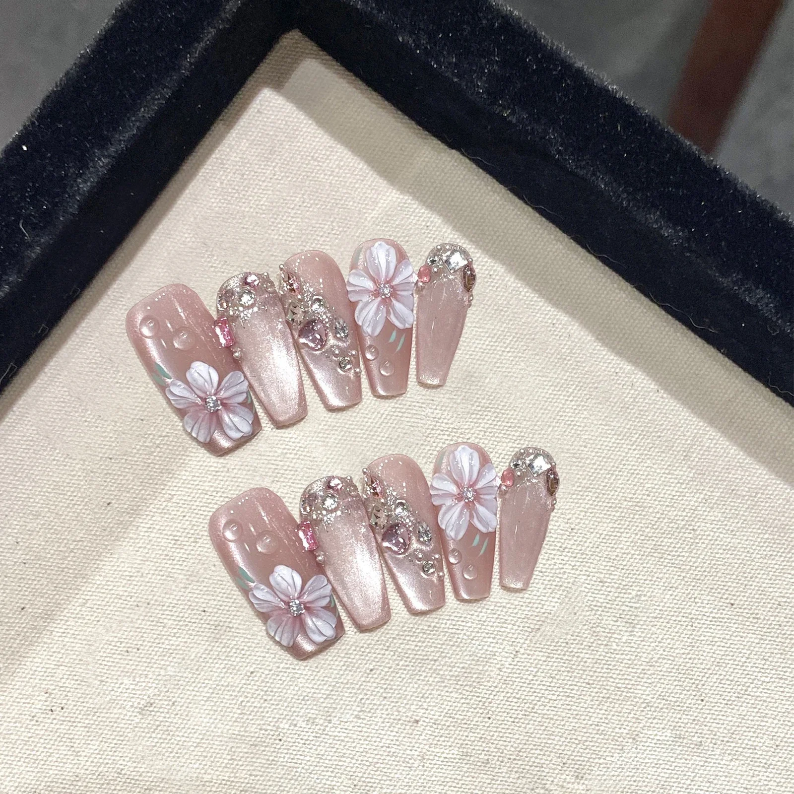 10 sztuk ręcznie robione naciśnij na paznokcie pełna pokrywa brokat 3D kwiat Rhinestone Design francuskie sztuczne paznokcie nadające się do noszenia porady Manicure Art