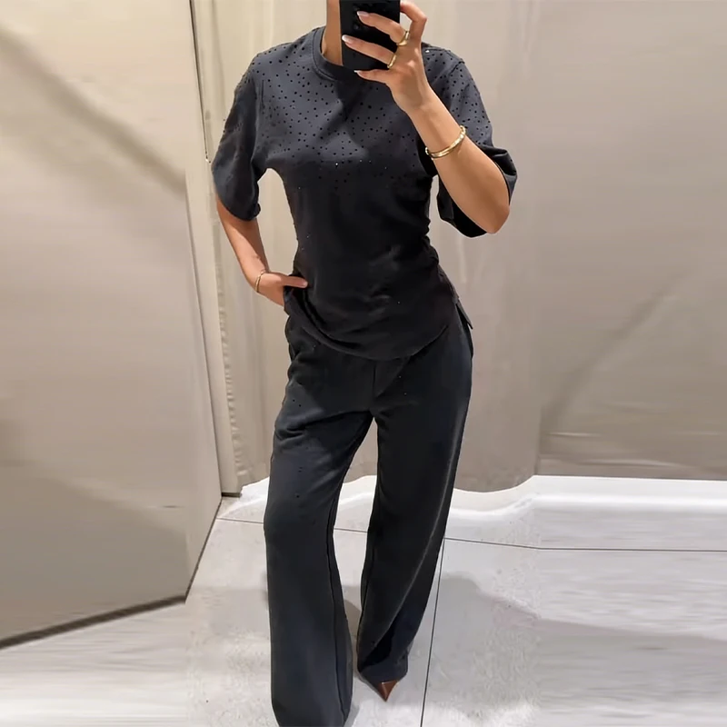 Stylish Shinny Shirt Pants Suit Women Round Neck Short Sleeve Top 2 Pieces Sets Lady 2026 New Casual Daily Street Summer Outfits