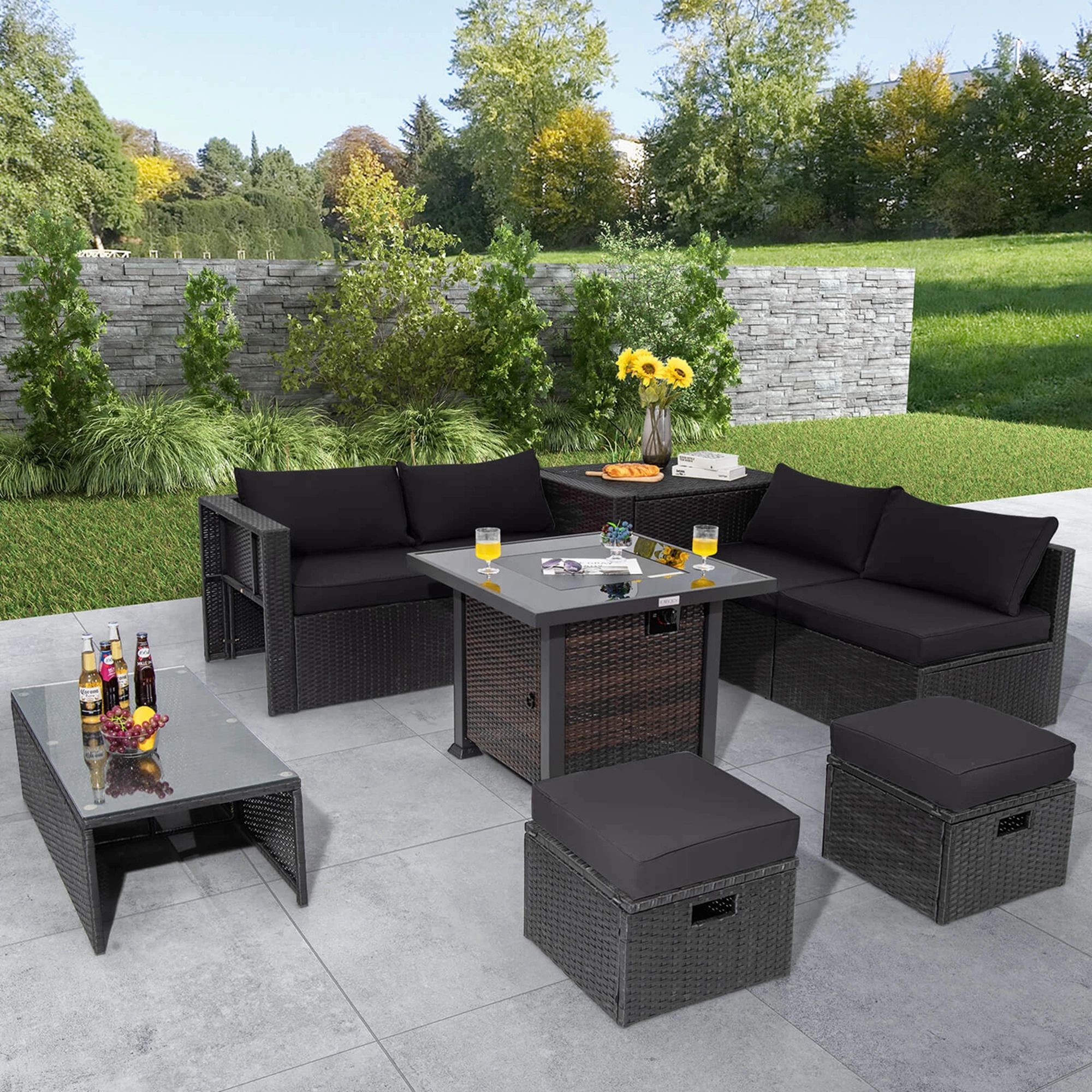 

9 PCS Patio Furniture Set with 32" Fire Pit Table 50,000 BTU Square Propane Fire Pit Black