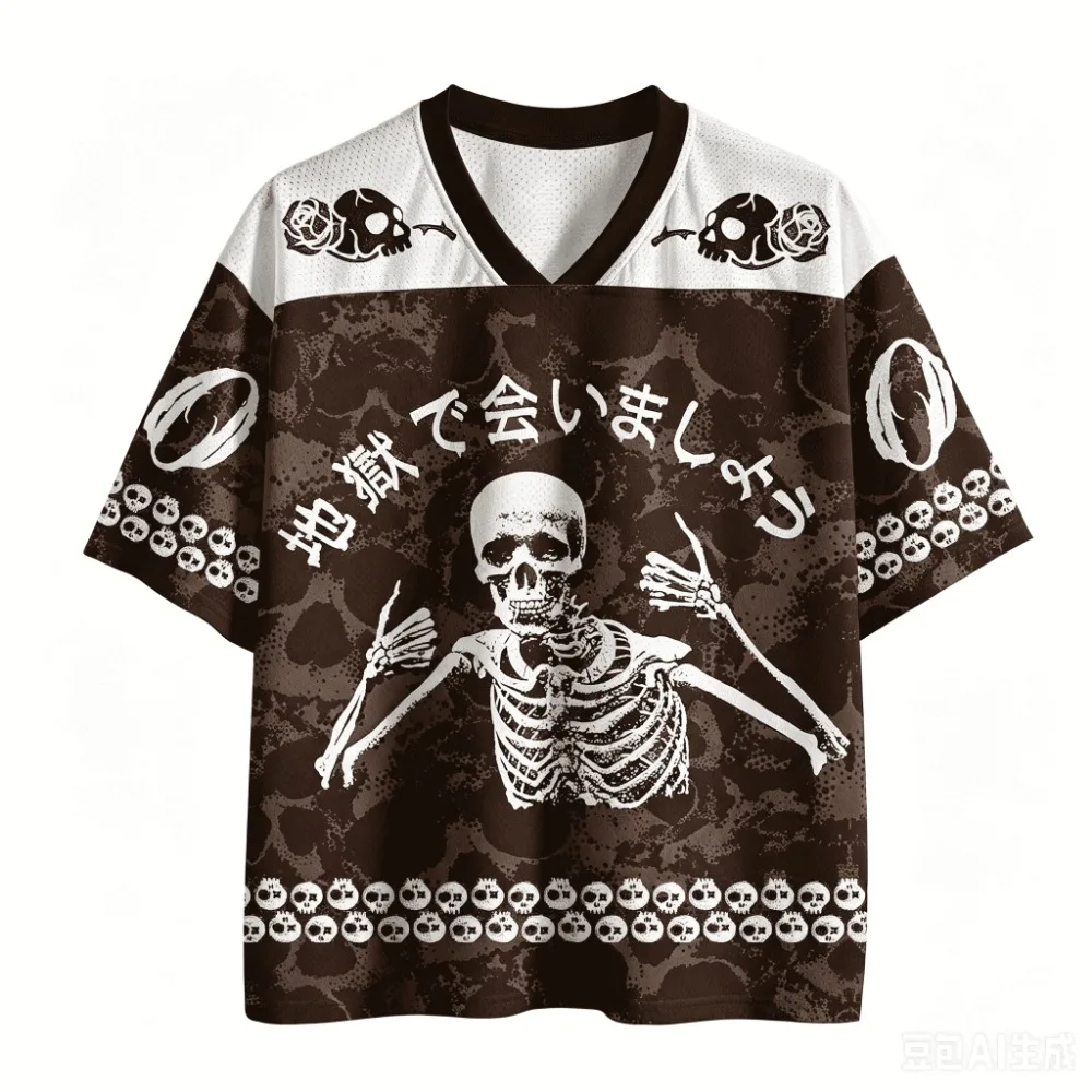 Ueno Gothic Skull, Hell's Eye 3D Printed Moisture-Wicking Loose V-Neck T-Shirt for Men and Women Casual Trendy Parental Clothing