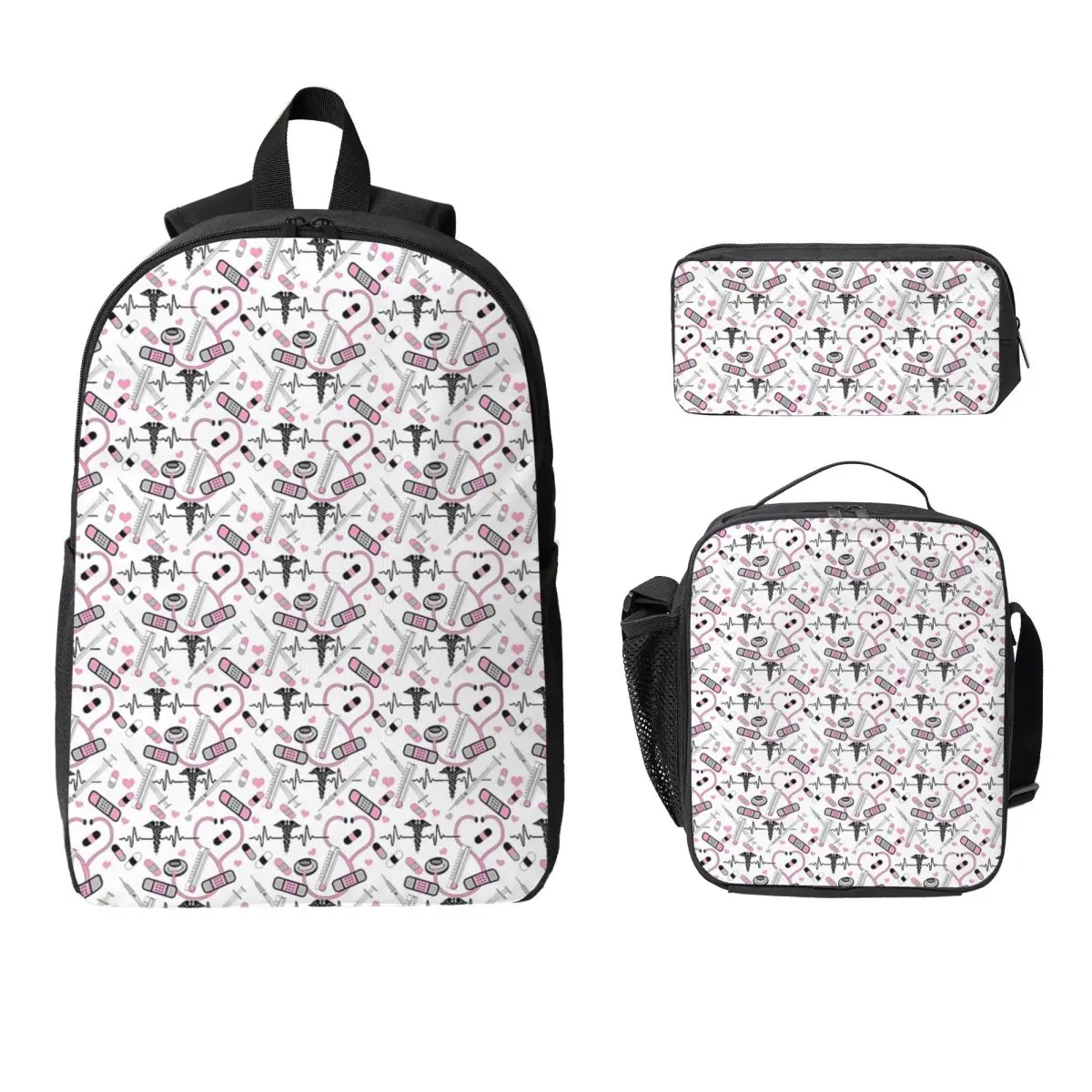

Cute Stethoscope Nurse Doctor EKG Pattern Backpack BookBag School Bag Laptop Shoulder Bags 3ps Insulated Lunch Bag Pencil Case