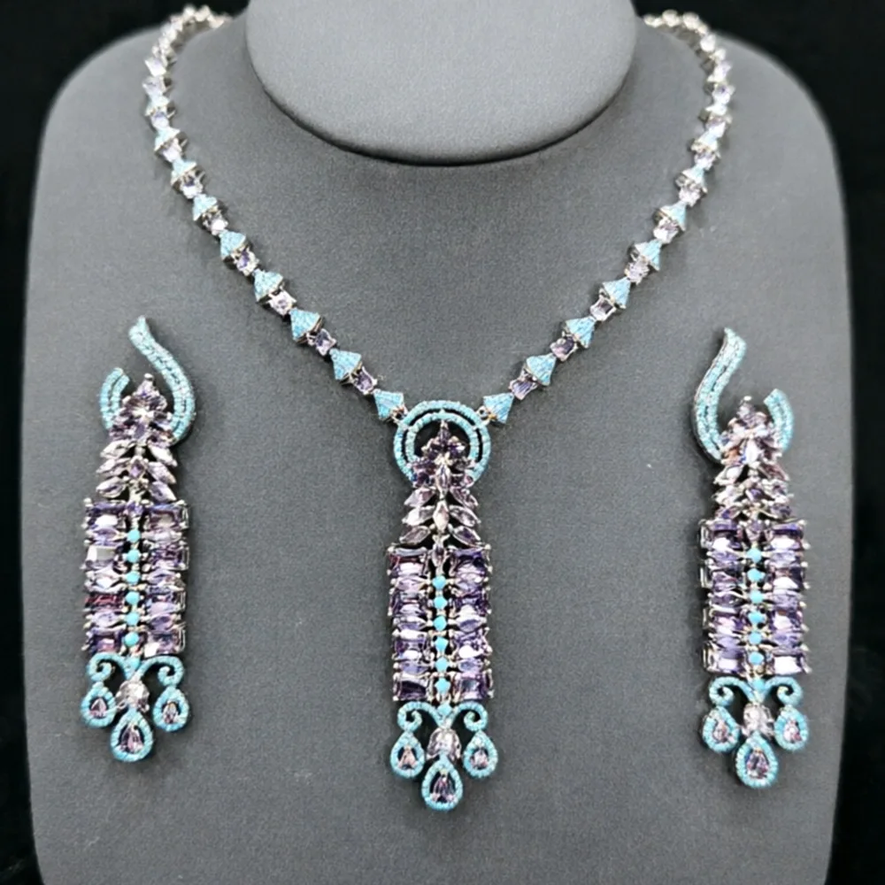 

Real Gold Plated Colorful Cubic Zircon Jewelry Set Luxury Bridal Necklace Earrings Elegant Dinner Party Wedding Banquet Premium