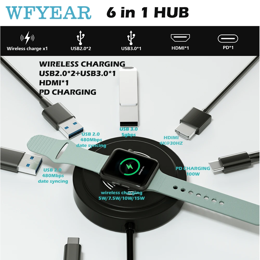 Wireless Charger Foldable Splitter 6 In 1 Adapter Type C 3.0 USB Hub For Iphone Wireless Charging Stand