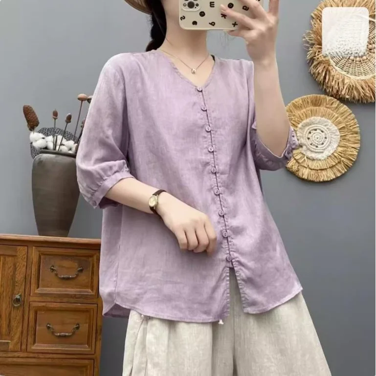 

Ele V-Ne Linen ort Sve irt Women's Summer Faion Age-Defng Top Cotton Polyester Blend Thin Five-Quarter Sve