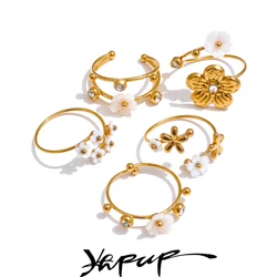 Yhpup Exquisite Natural Shell Zircon Flower Adjustable Open Golden Ring High Quality High Quality Summer Fashion Jewellery Gift