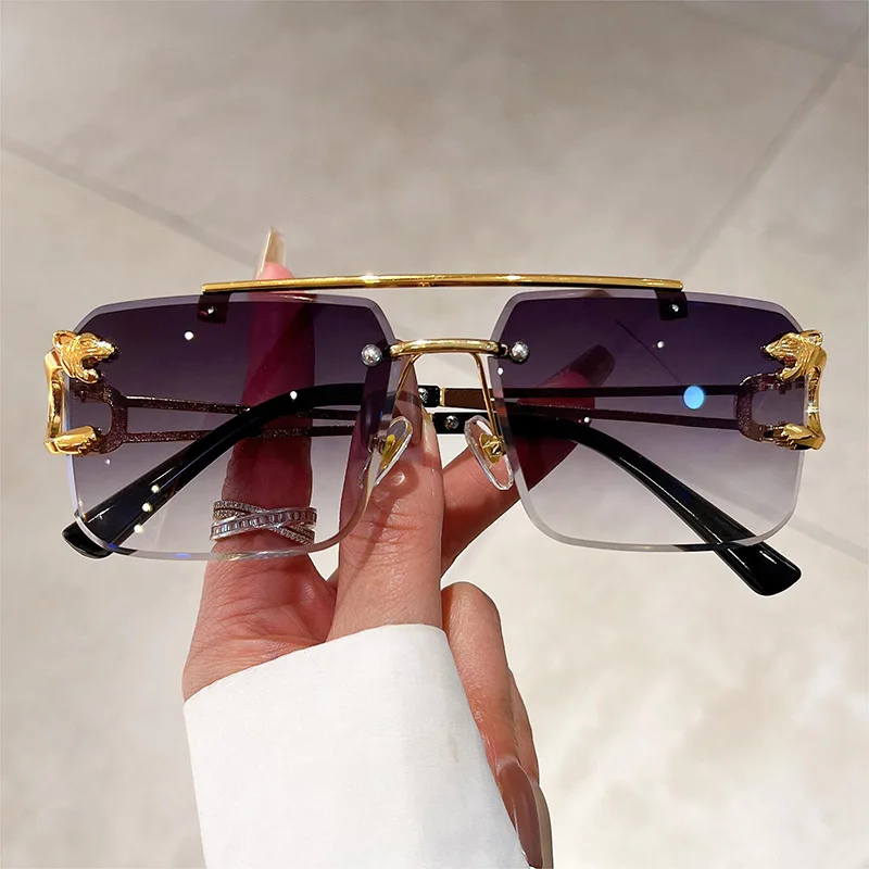 Luxury Square Gold Frame Fashion Sun Glasses Metal Leopard Rimless Sunglasses Double Bridges Gradient Ocean Film Shades UV400