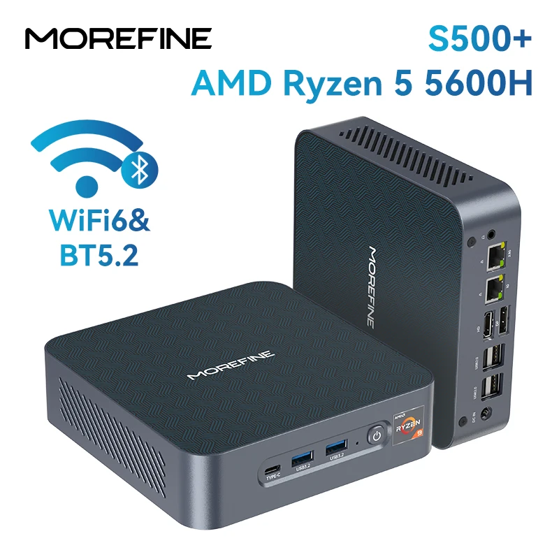 MOREFINE S500+ Ryzen 5 5600H CPU Mini PC Windows 11 pro Dual R45 LAN NVMe SSD مكتب الألعاب مع HD DP Type-C WiFi