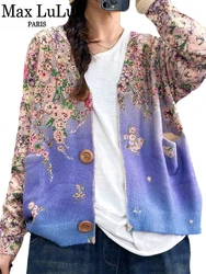 Max LuLu 2023 Winter Fashion Warm Knitwear Womens Printed Loose V Neck Luxury Cardigans Ladies Casual Oversized Floral Sweaters