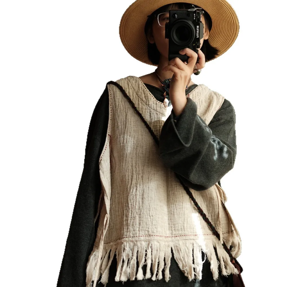

Women Cotton Linen Tassel Loose Original Waistcoat Femme Vintage Sleeveless Ladies V Neck Female New Autumn Fall Jackets Tops