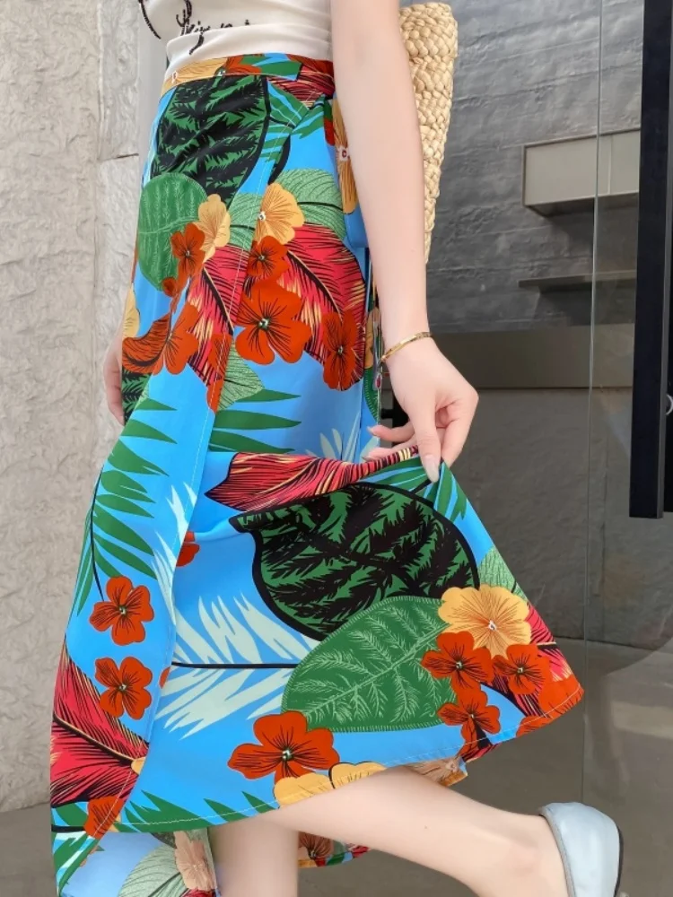 SMTHMA nueva moda verano bohemio vacaciones playa falda larga de una sola pieza atado Floral A-Line falda