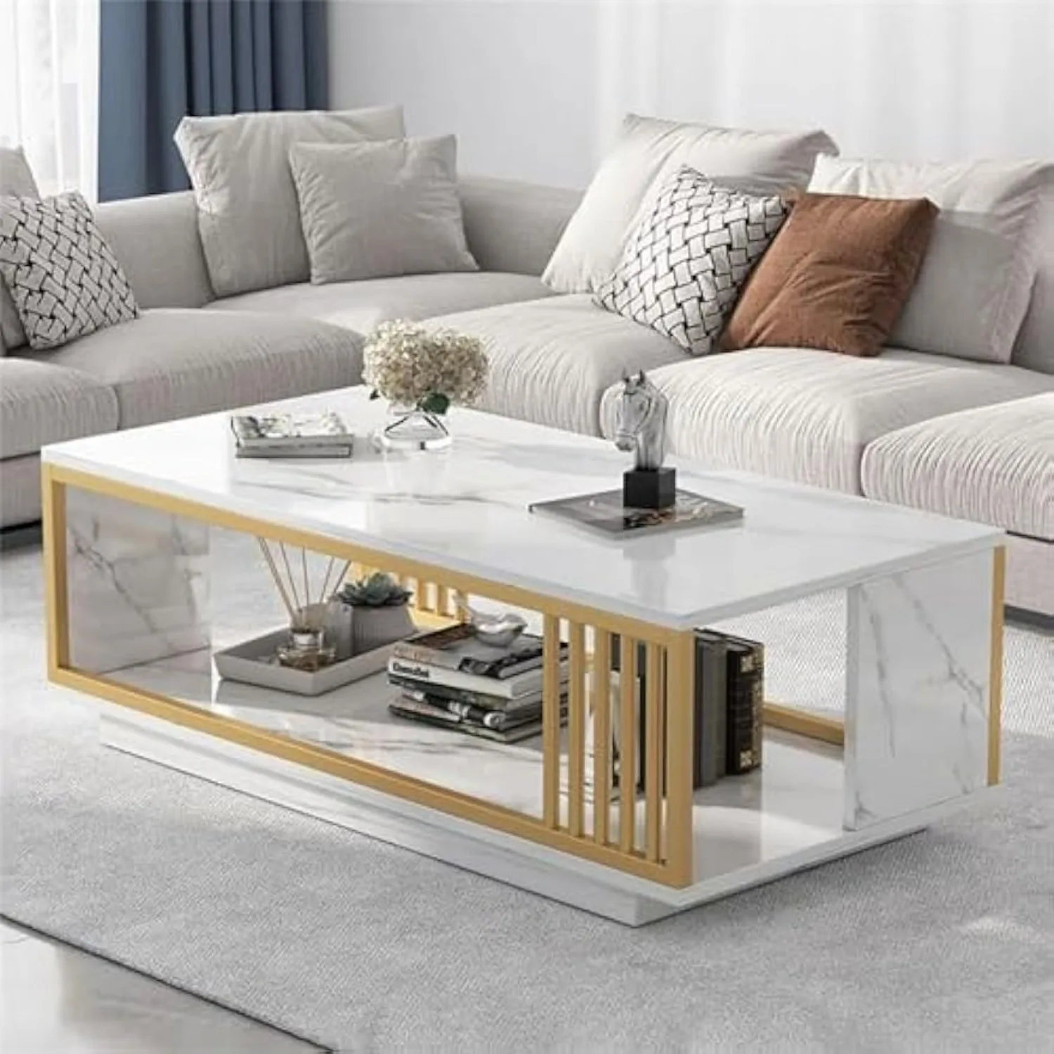 Mesa de centro moderna de chapa de mármol blanco, mesa de centro rectangular de 2 niveles con mesa auxiliar de sofá con marco dorado para sala de estar y dormitorio