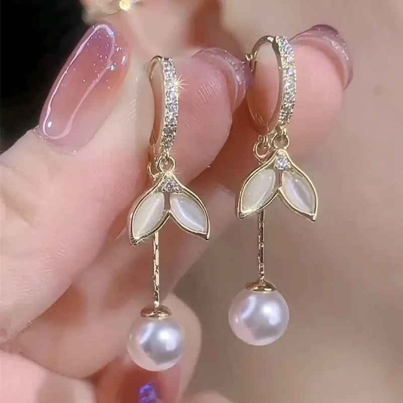 New Opal Fishtail Pearl Long Tassel Earrings For Women Fashionable Personalized Daily Accessory Party Jewelry Birthday Gifts