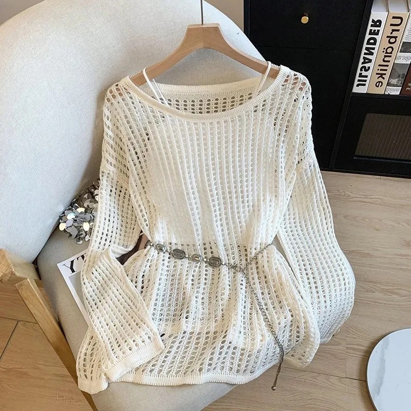Lazy Style Hollow Out Knitting Sweater Ladies Strap Vest Two Piece Set Long Sleeve Tops Gentle Round Neck Loose Smock