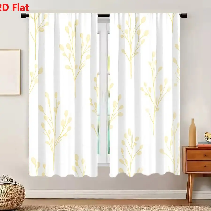 2Pcs Curtains 2D Flat White Background With Repeating Light Yellow Pale Gold Plant Branches Pattern Delicate Minimalist Botanica