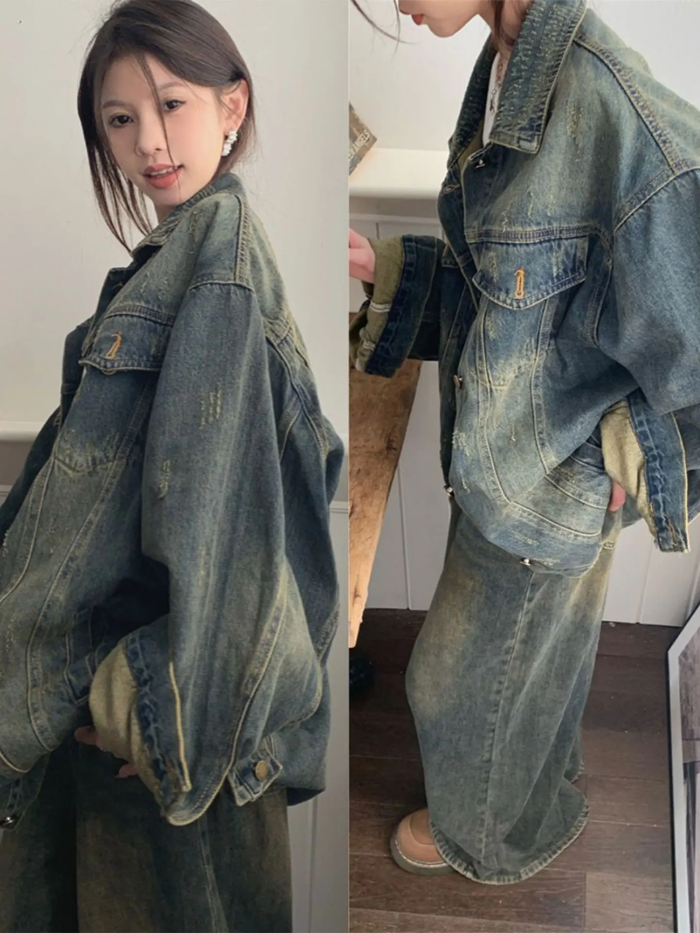 Large Size American Retro Scratch Denim Jacket Women's Autumn New Design Casual Loose Style Top Breathable Lightweight Long S...
