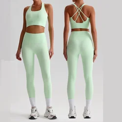 Solid Color Yoga Set Tight Leggings Sports Fitness Cross Gym Bra Top 2pcs Soft Sport Suit Workout Training For Women Sportwear