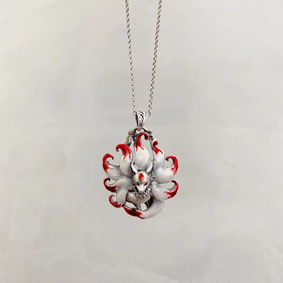 Chinese Elements Multi Colored Enamel Water Red Nine Tailed Fox Pendant Necklace Women\'s High End Banquet Jewelry Necklace