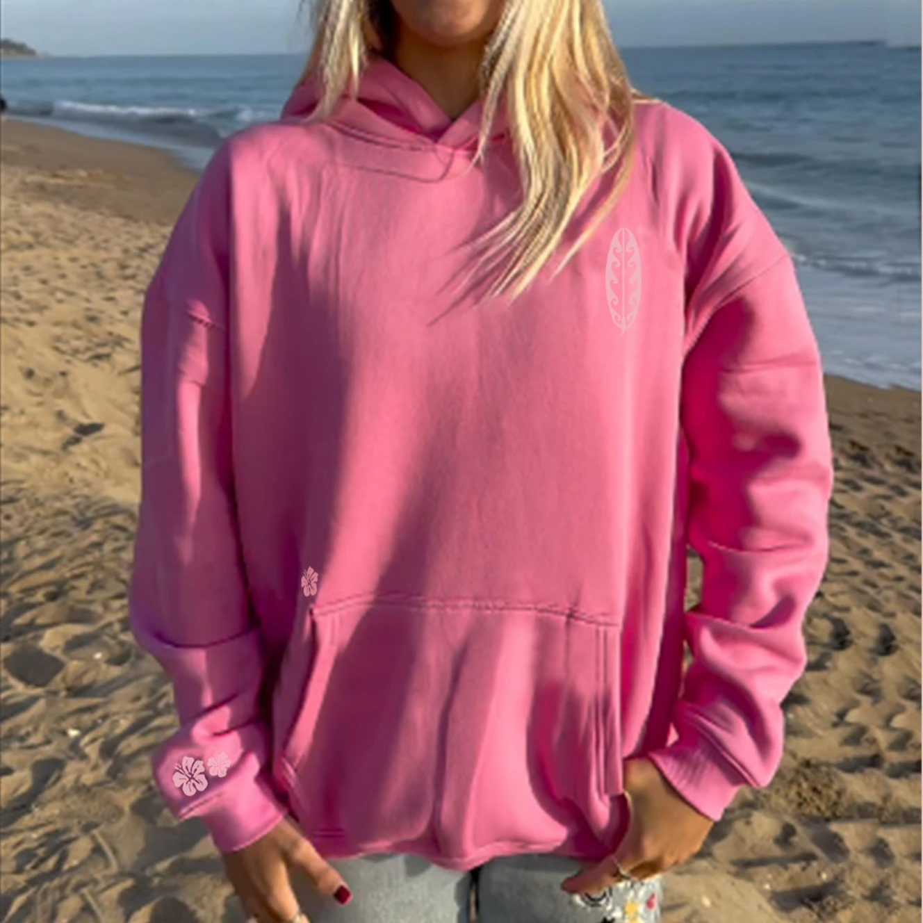 

Streetwear Fall Clothes Women's Flower Print Oversize Hoodies Loose Soild Color Premium Ropa Mujer