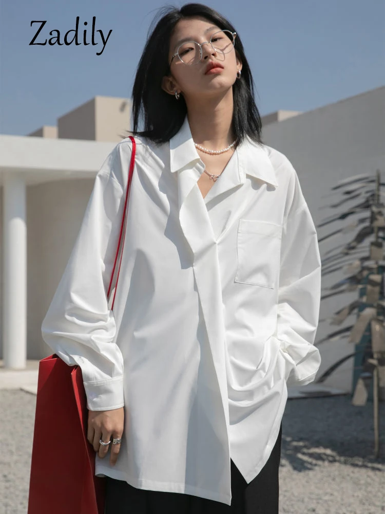 Zadily Minimalist Style Long Sleeve White Shirt Women Oversize Button Up Pocket Ladies Blouse 2022 Summer Work Female Clothing