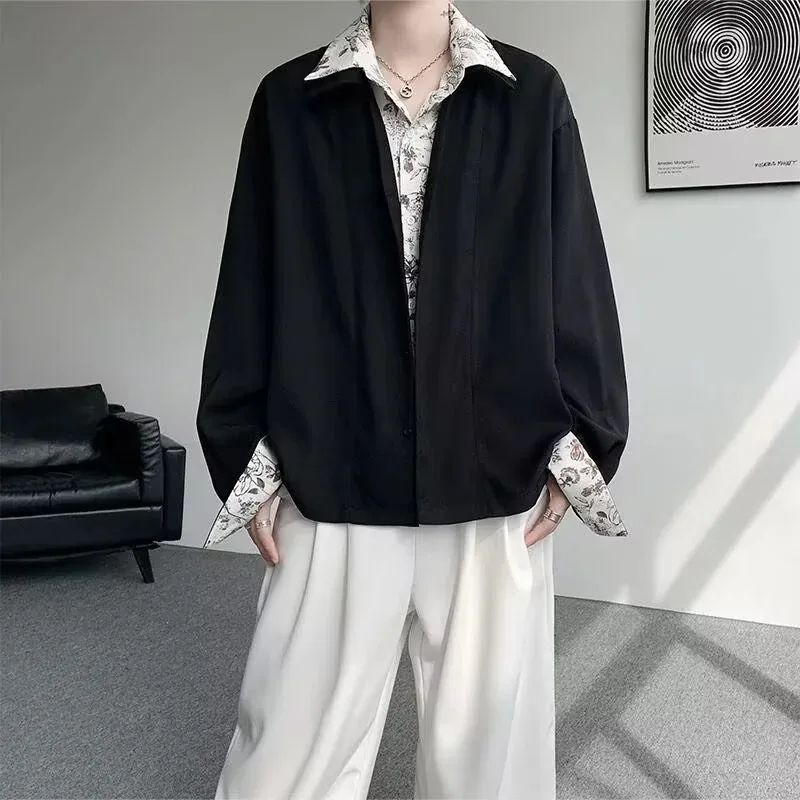 

Men's Oversized Shirt with Floral Print Contrast Collar