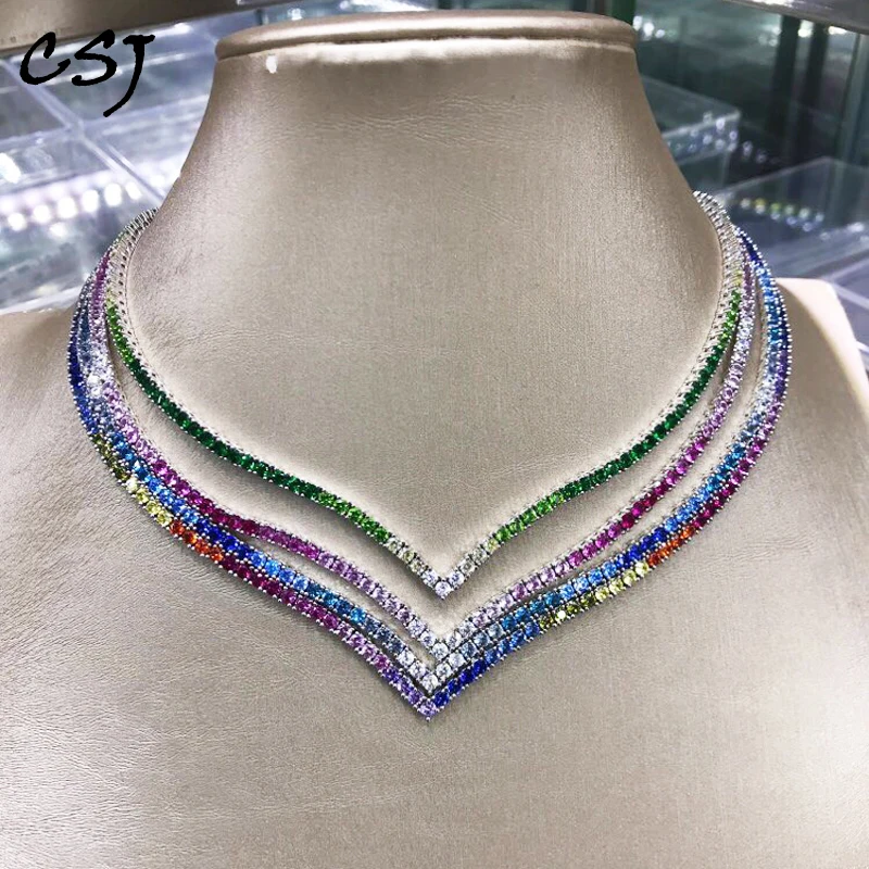 New 925 Sterling Silver Tennis Chain Necklace 17Inch Sparky Rainbow Zircon Round 2.5mm for Women Party Hip Hop Jewelry Gift