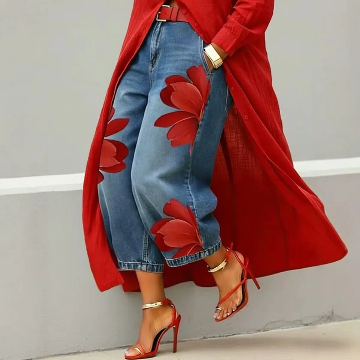 Loose Wide Leg Denim Pants Women's Fashion Floral Print Casual Trousers Polyester Fiber Natural Waist Elastic Fiber