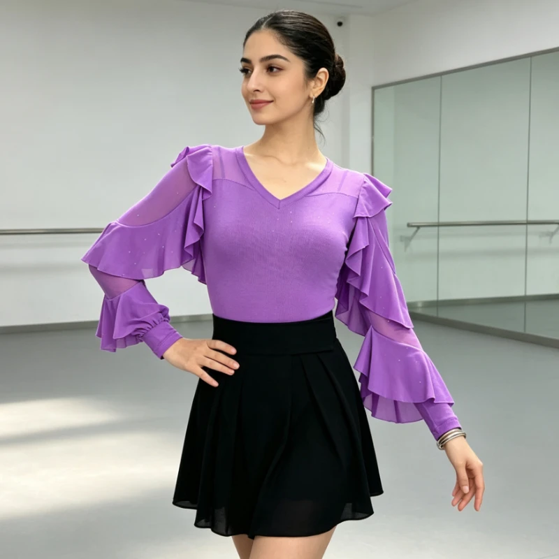 Elegant Ruffle Bell Sleeve Dance Top, Purple V‑Neck Rhinestone Mesh Slim‑Fit Shirt for Latin Salsa Ballroom Dance Class Outfit