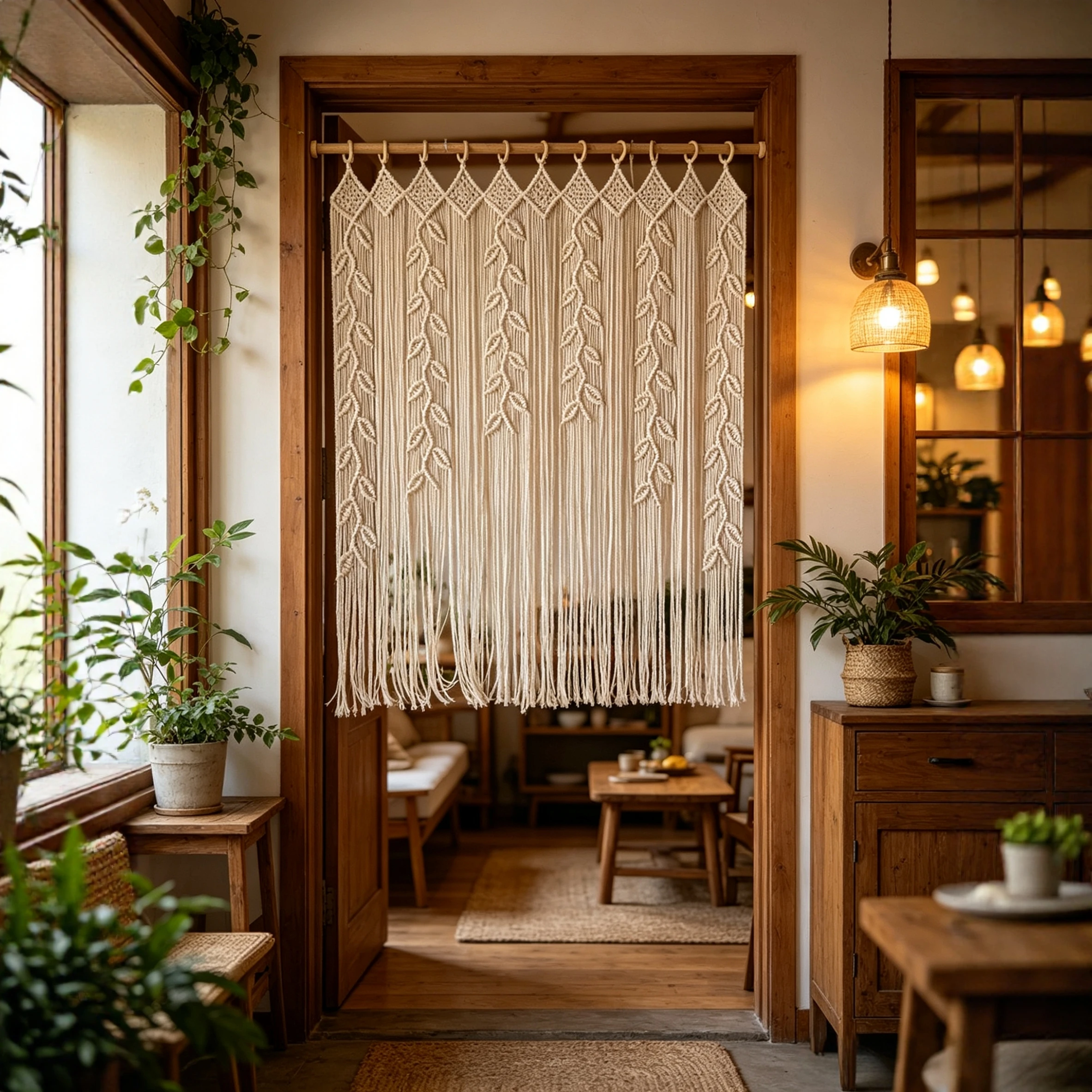 Bohemian Handwoven Tapestry Fringe Semi-Door Curtain Window Decor Textured Wall Hanging Cotton Leaf Pattern Home Fabric
