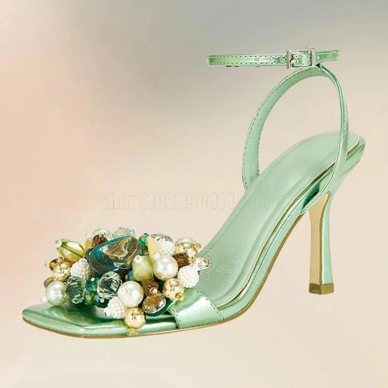 

Green Beads Conch Pearl Design Open Toe Sandals Buckle Strap Women Shoes Thin High Heels Party Banquet 2025 Zapatos Para Mujere