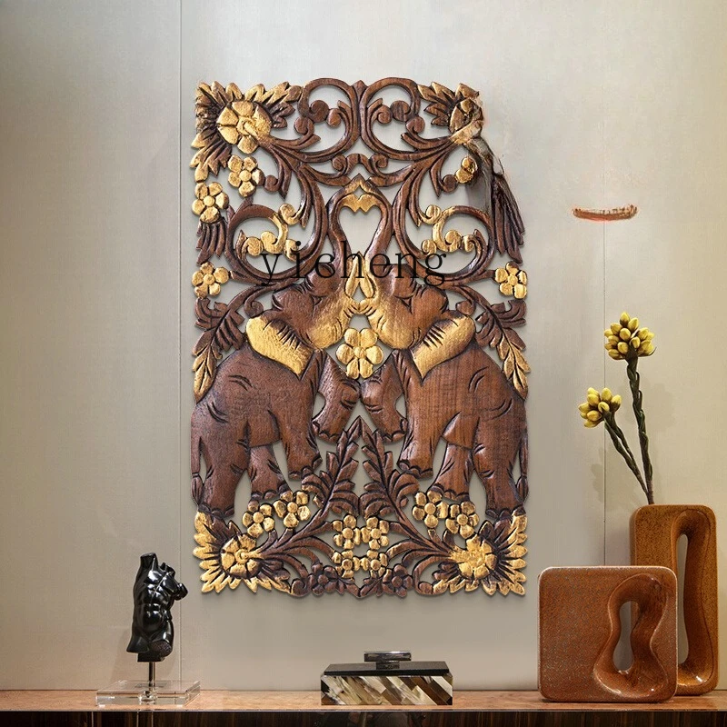 

LSL Double Elephant Wall Decoration Carved Board Handmade Wood Carving Pendant Teak Wood Wall Decoration Wall Hanging
