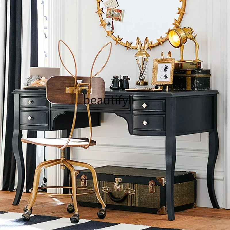 French retro solid wood home study writing desk American makeup table Storage