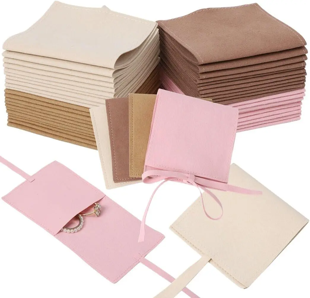 40 Pcs Microfiber Jewelry Pouches 8 x 8 cm, Luxury Small Jewelry Packaging Gift Bag Bow Tie Envelope String for Necklace