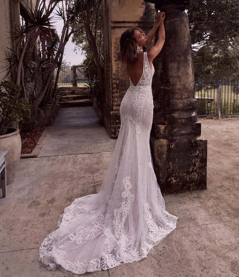 Boho laço apliques vestido de casamento com decote em v sem mangas voltar zíper vintage trem vestido de noiva vestidos de novia gelinlik