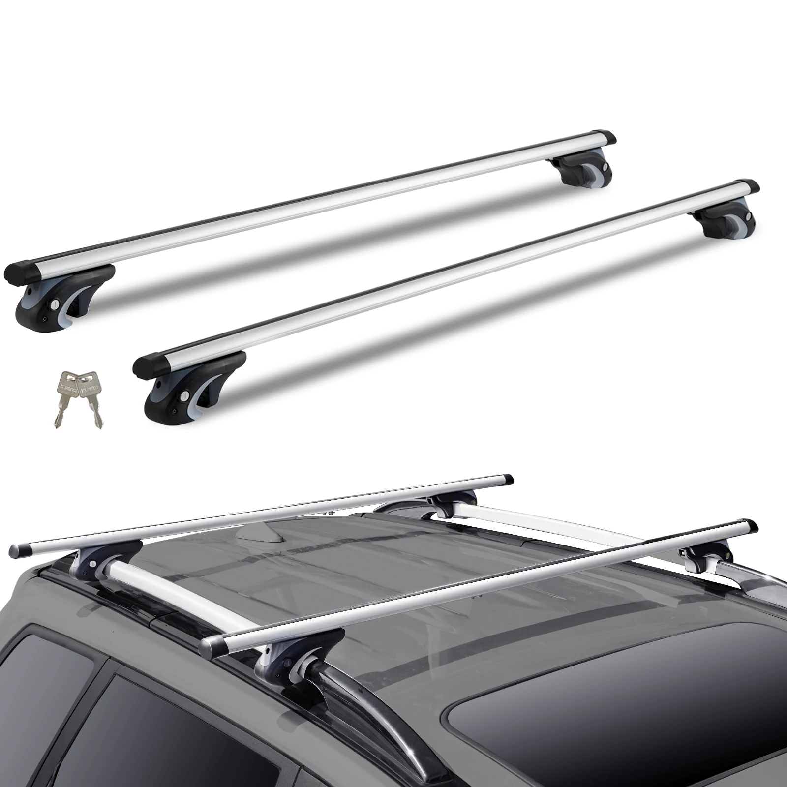 SucceBuy Porte-bagages barre transversale réglable en aluminium Rail de toit barre transversale porte-bagages 200 LBS barre transversale de toit supérieur argent