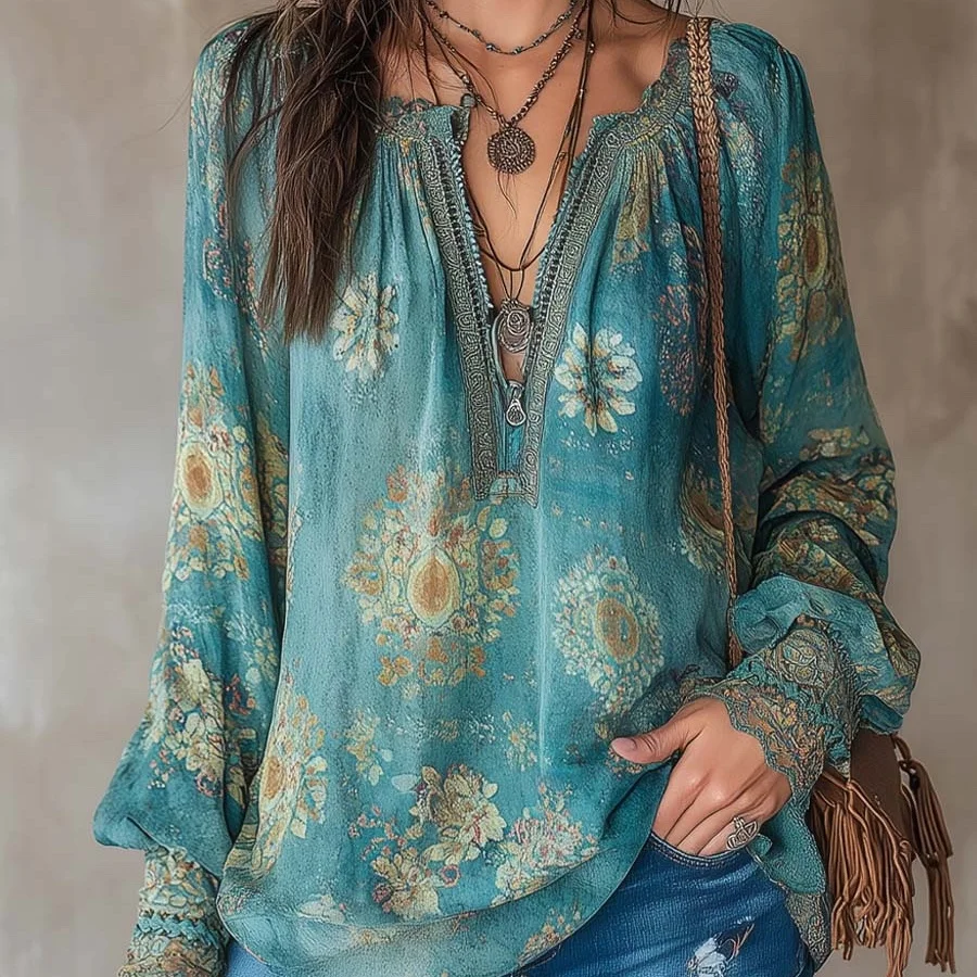 

Весенняя женская рубашка с цветочным принтом, V-образным вырезом, свободного кроя, в повседневном стиле, с рукавом три четверти, из грубого твида, в стиле ретро