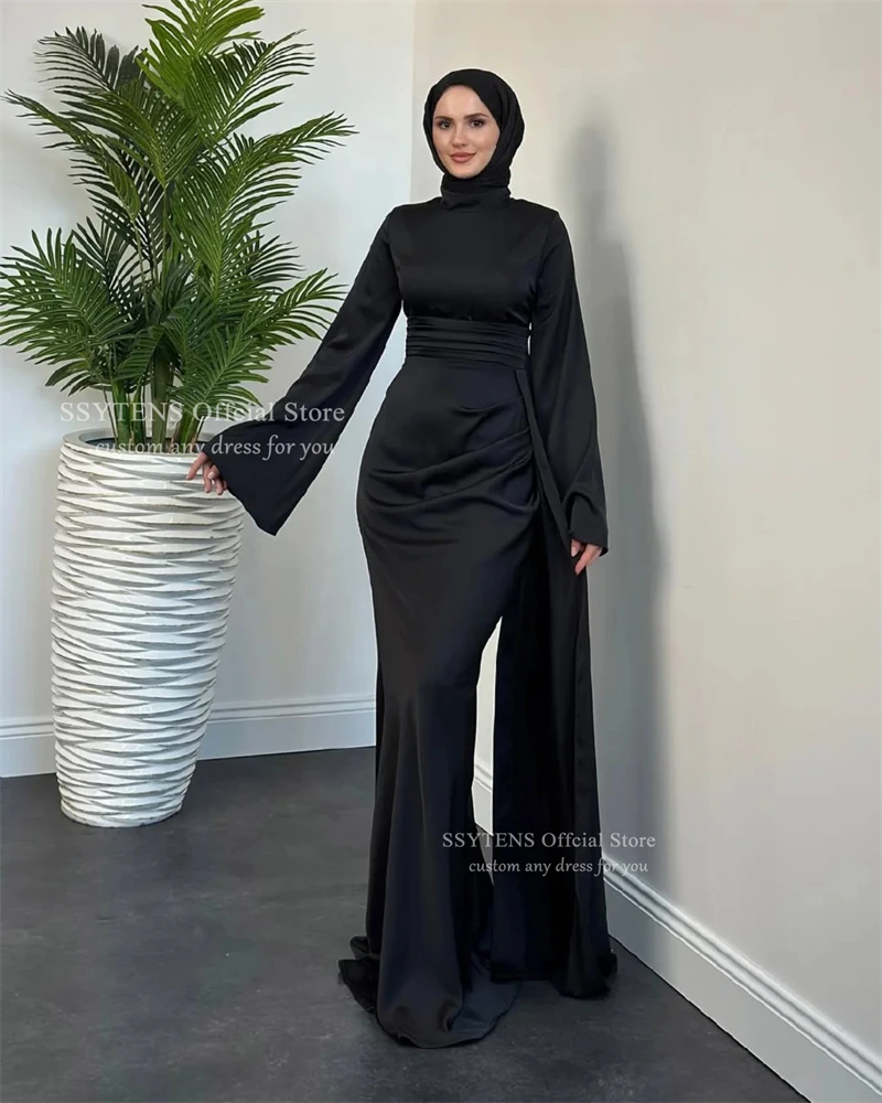 SSYTENS Muslim Mermaid Wedding Dresses Dubai Long Sleeves Bride Gowns Pleat Satin High Neck Elegant Vestidos De Novia Customized