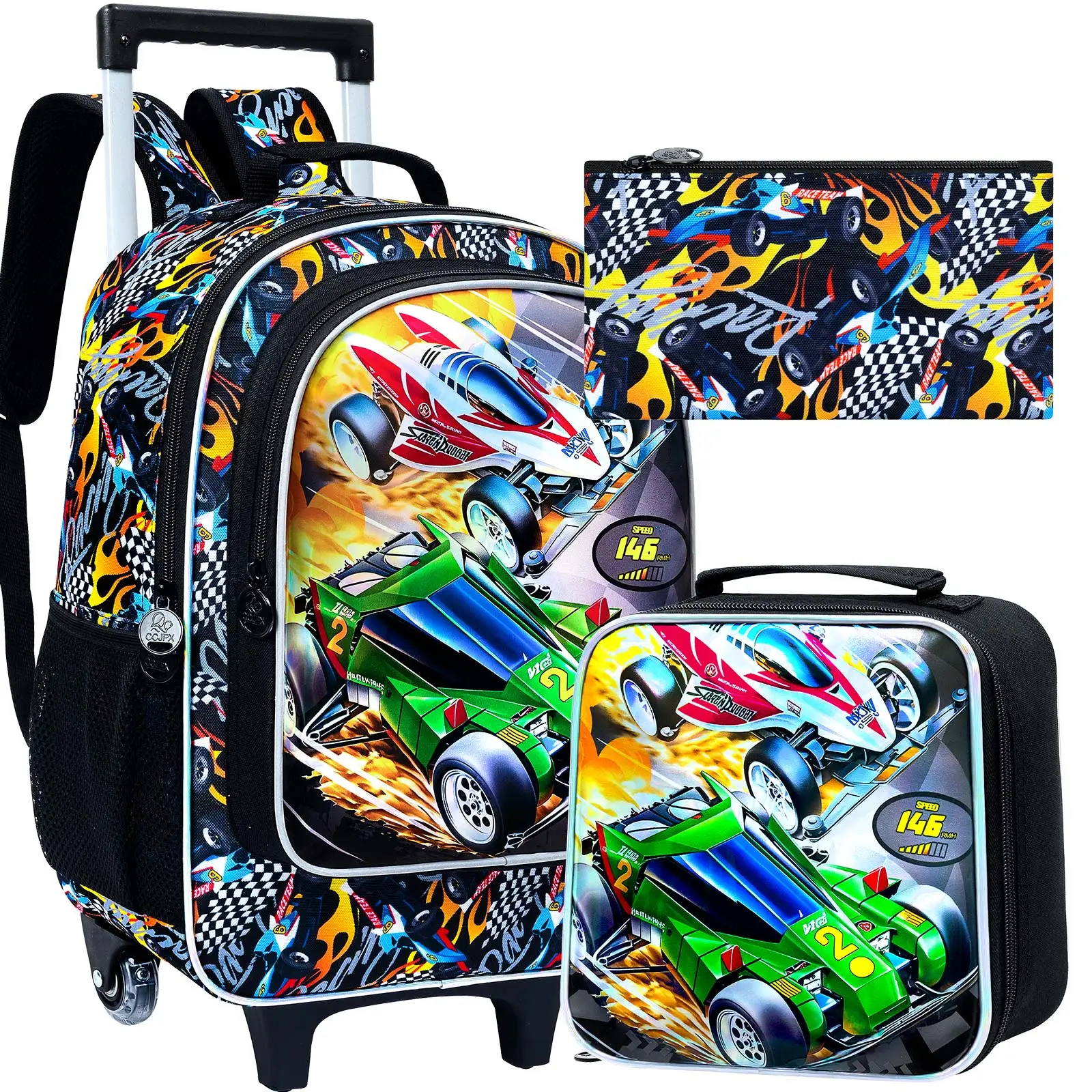 3PCS Red Green Kart Roll Backpack Set, Kids Wheeled School Bookbag with Handbag & Pencil Case