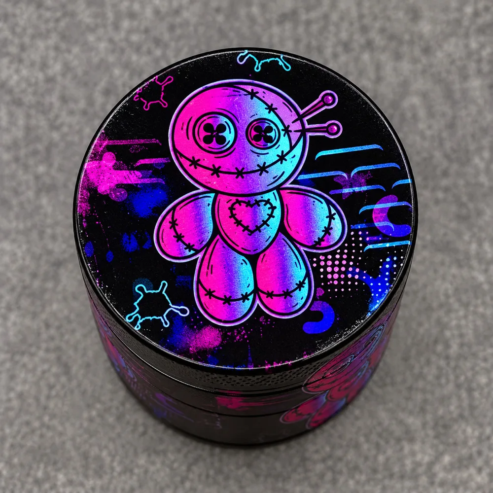 Metal Herb Grinder Voodoo Doll Cartoon Graphics Four Layer Round Body Knurled Grip Removable Lid Manual Spice Preparation Tool