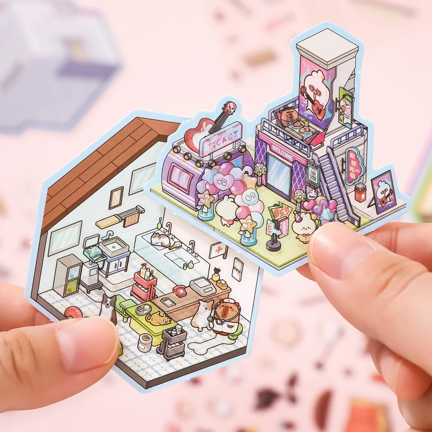 8in1 Kawaii Cartoon 3D Miniature Scene Sticker Visual Stacking DIY Handmade Pocket House Scrapbook Sticker ChildrenFestival Gift