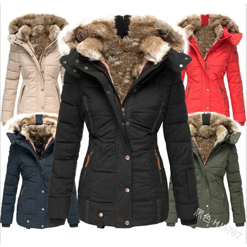 

XT8Women's Autumn Winter Coats Warm Solid Plush Thickened Jacket Button Long Trench Windproof Hooded Parka Down CottXT6@!