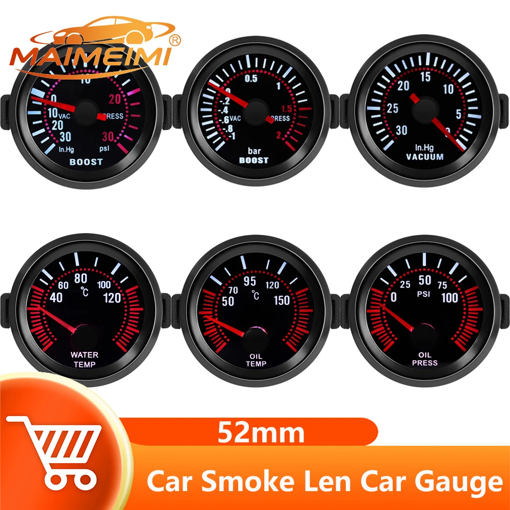 Jauge universelle pour voiture 52 mm avec lentille fumée : compte-tours, indicateur de pression turbo, jauge de vide, jauge de température de l'eau, jauge de pression d'huile pour 12V
