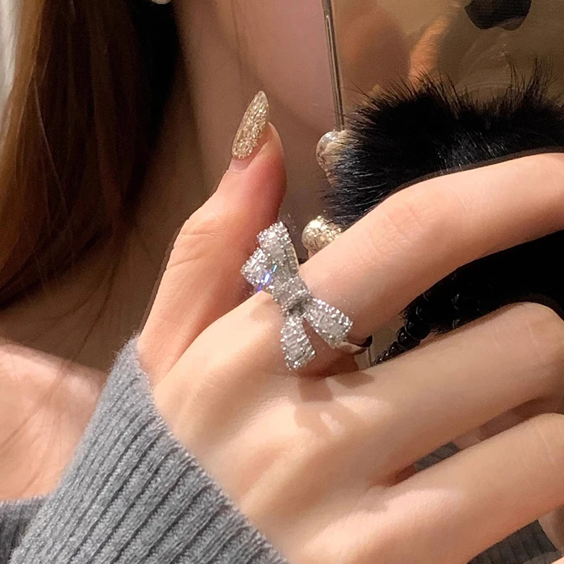 Foxanry Trendy Elegant Bow-knot Ring for Women Couples Sparkling Zircons Ring Wedding Party Jewelry Gifts