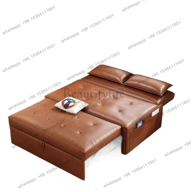 Multifunctional lazy sofa bed folding dual-purpose living room study retractable modern simple broaching bed leather sofa
