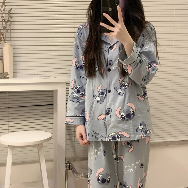 New Disney Stitch Pajamas Set Kawaii Lilo and Stitch Outerwear Home Clothes Set Student Fashion Casual Pajamas Two-piece Set