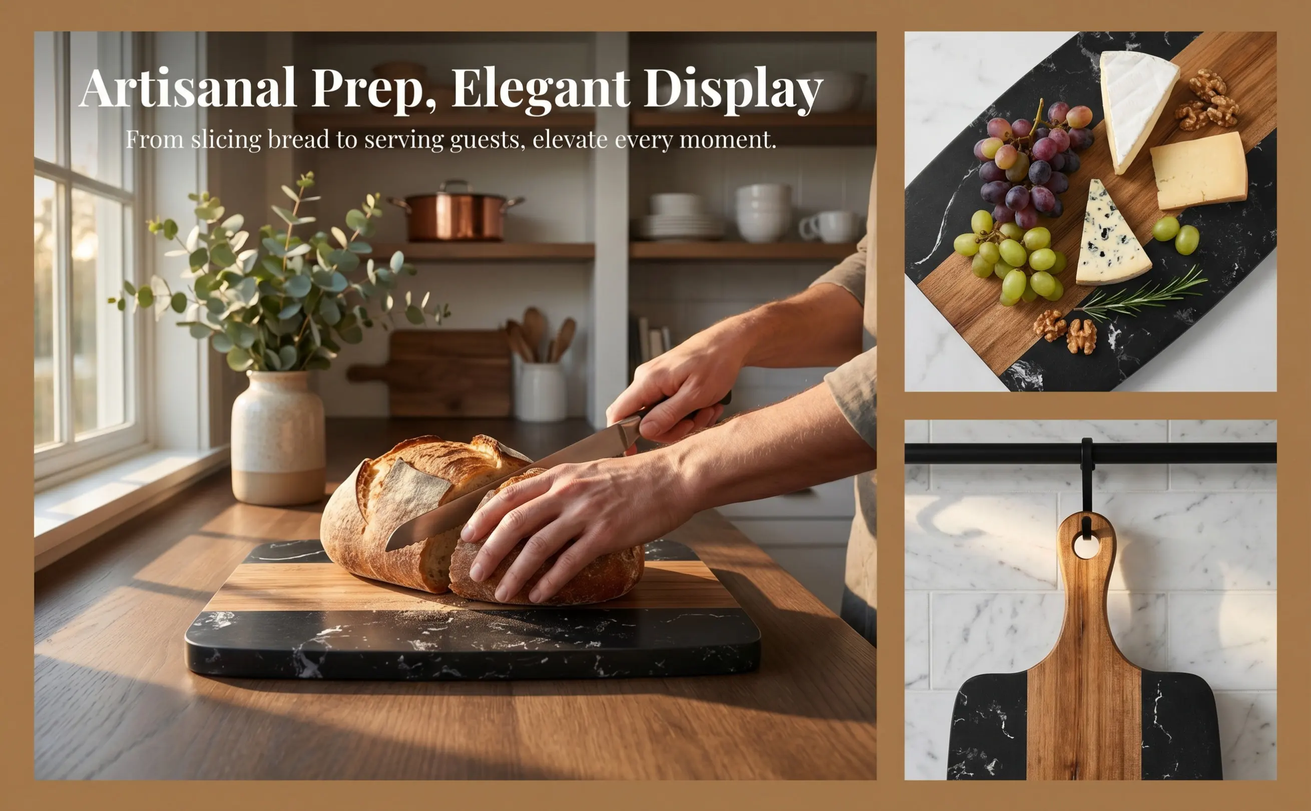 Marble Wood Chopping Board Kitchen Cutting Board Multi-Function Meat Vegetable Fruit Bread Steak Plate Portable Hanging Design